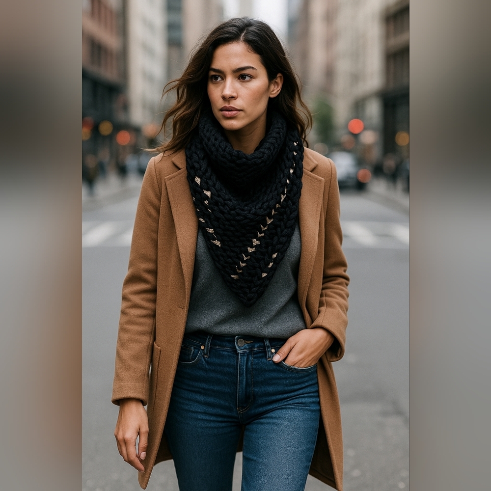 Tonle Chunky Black Rose Gold Woven Scarf  Cowl Neckerchief metallic